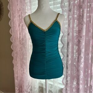 Y2k Teal Ruched Spaghetti Strap Tank with Gold Trim